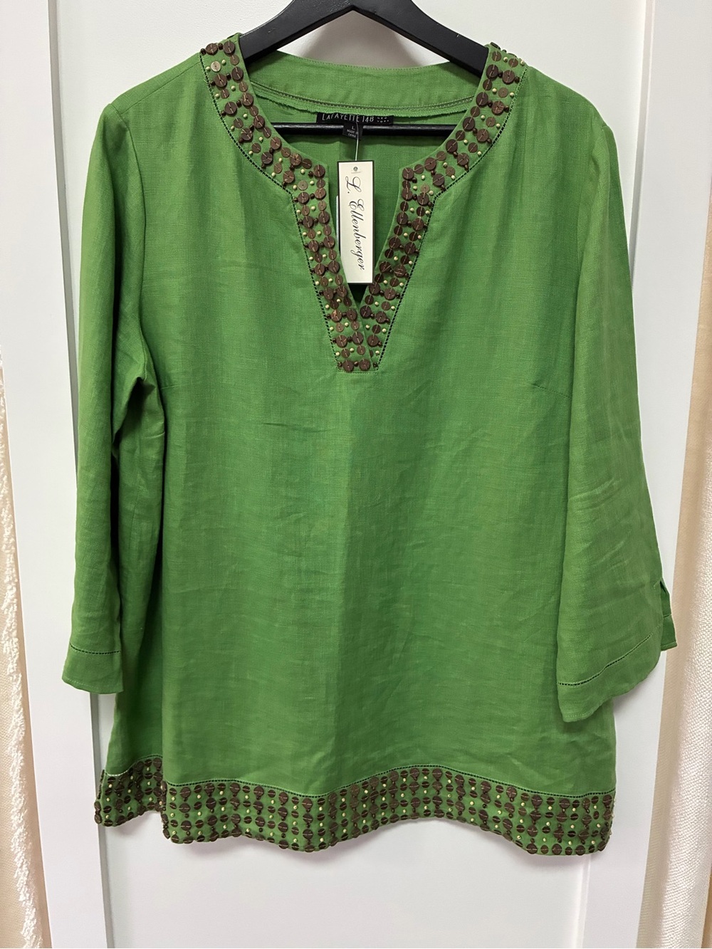Lafayette 148 New York Green Embellished V-Neck Linen Tunic